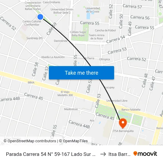 Parada Carrera 54 N° 59-167 Lado Sur Centro Cultural Comfamiliar to Itsa Barranquilla map