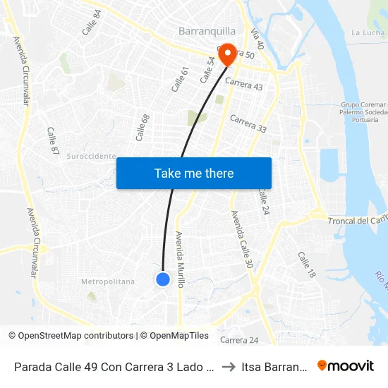 Parada Calle 49 Con Carrera 3 Lado Occidental to Itsa Barranquilla map