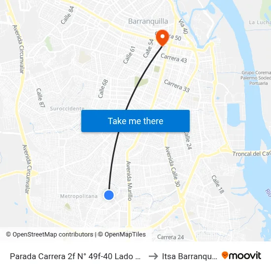 Parada Carrera 2f N° 49f-40 Lado Norte to Itsa Barranquilla map