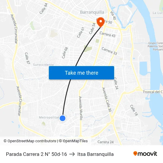 Parada Carrera 2 N° 50d-16 to Itsa Barranquilla map
