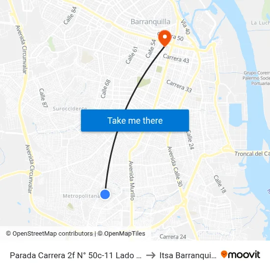 Parada Carrera 2f N° 50c-11 Lado Sur to Itsa Barranquilla map