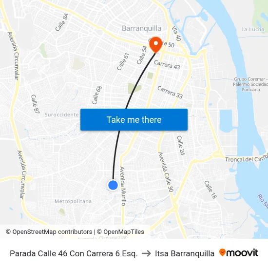 Parada Calle 46 Con Carrera 6 Esq. to Itsa Barranquilla map