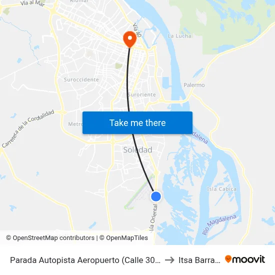 Parada Autopista Aeropuerto (Calle 30) Frente Aeropuerto to Itsa Barranquilla map
