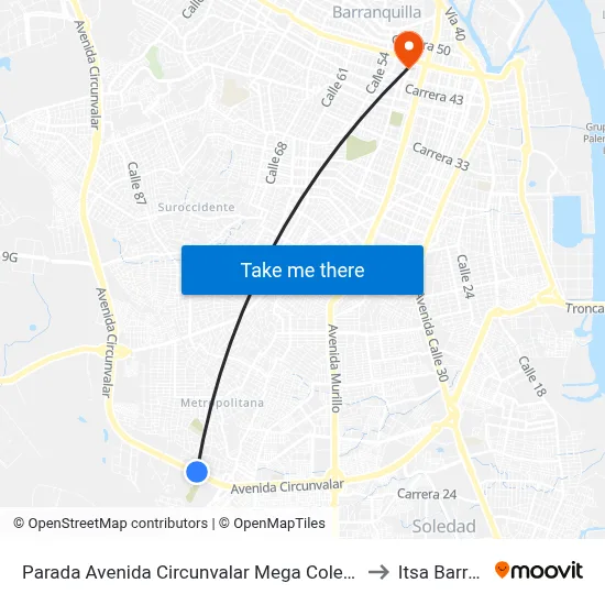 Parada Avenida Circunvalar Mega Colegio Jorge Robledo Ortiz to Itsa Barranquilla map