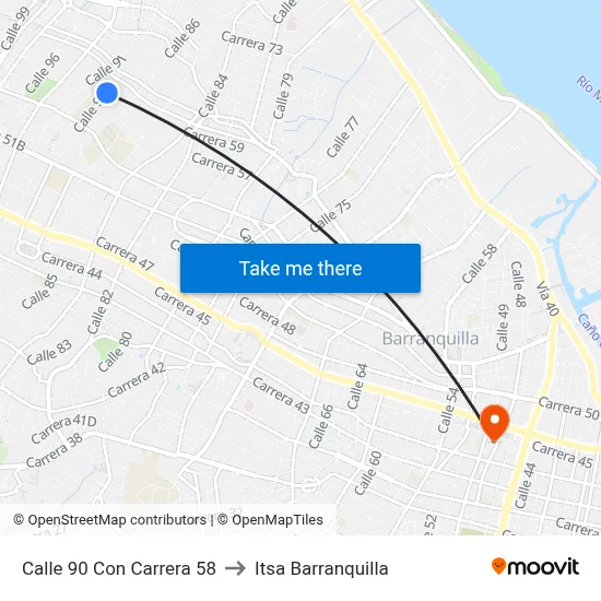 Calle 90 Con Carrera 58 to Itsa Barranquilla map