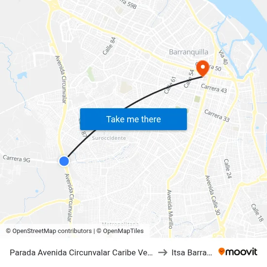 Parada Avenida Circunvalar Caribe Verde Lado Oriental to Itsa Barranquilla map