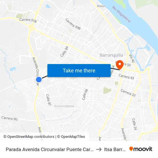Parada Avenida Circunvalar Puente Carrera 38 Lado Occidental to Itsa Barranquilla map