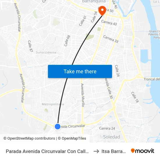 Parada Avenida Circunvalar Con Calle 51b Lado Sur to Itsa Barranquilla map