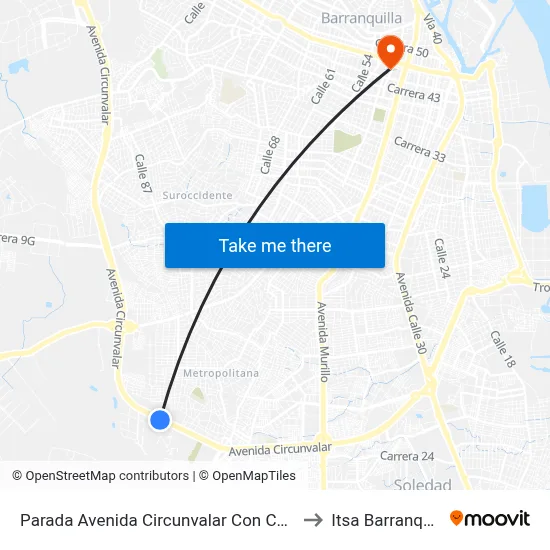 Parada Avenida Circunvalar Con Calle 96 to Itsa Barranquilla map
