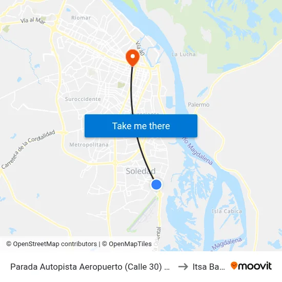 Parada Autopista Aeropuerto (Calle 30) Entrada Manuela Beltrán Lado Oriental to Itsa Barranquilla map