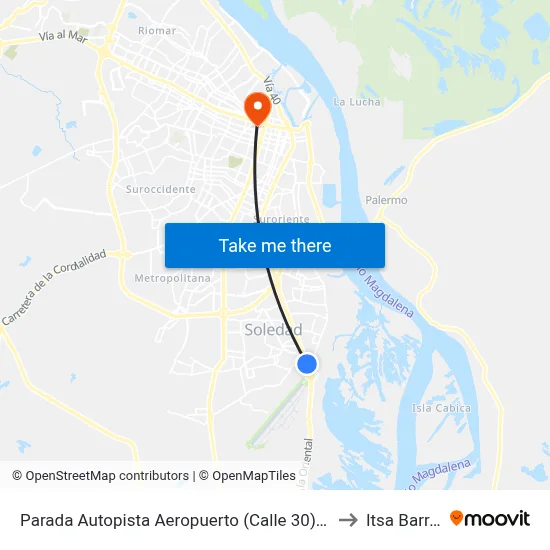 Parada Autopista Aeropuerto (Calle 30) Centro Comercial Carnaval to Itsa Barranquilla map
