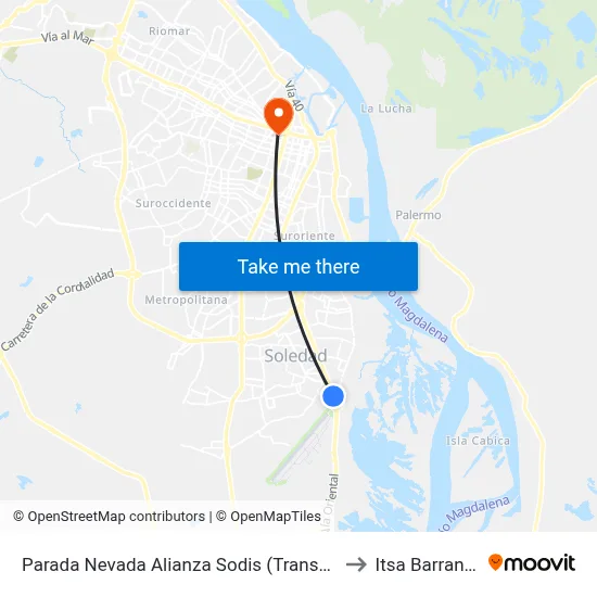 Parada Nevada Alianza Sodis (Transbordo Sibus) to Itsa Barranquilla map