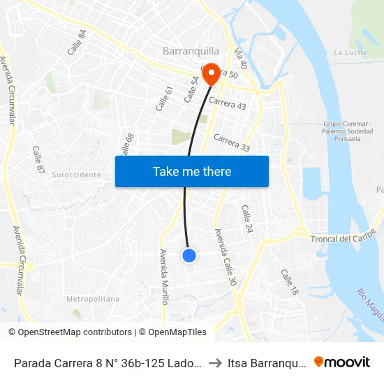 Parada Carrera 8 N° 36b-125 Lado Sur to Itsa Barranquilla map
