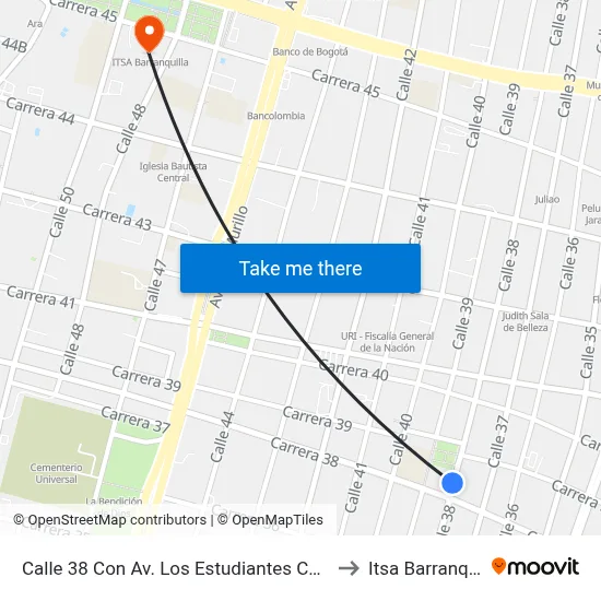 Calle 38 Con Av. Los Estudiantes Carrera 38 to Itsa Barranquilla map