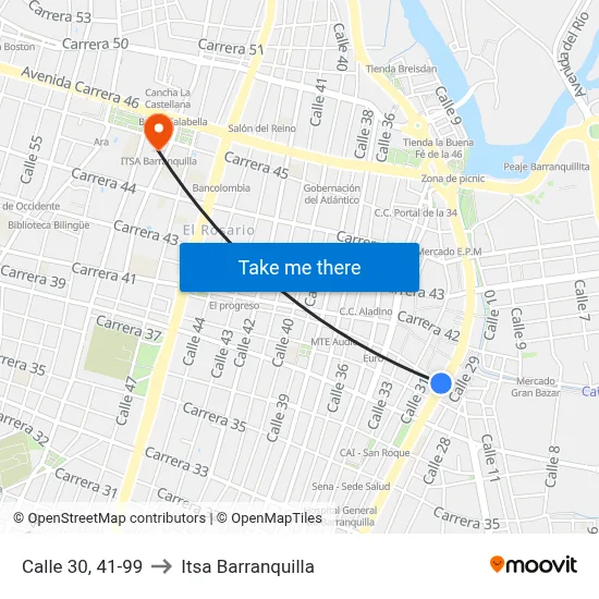 Calle 30, 41-99 to Itsa Barranquilla map
