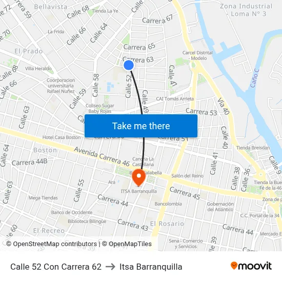 Calle 52 Con Carrera 62 to Itsa Barranquilla map