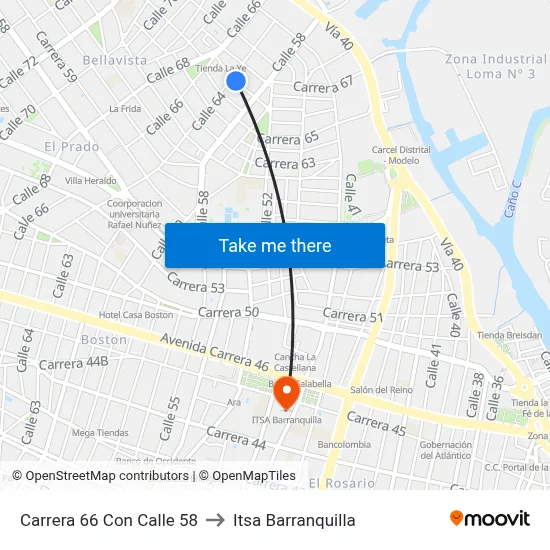 Carrera 66 Con Calle 58 to Itsa Barranquilla map