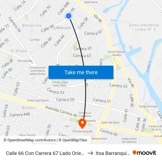 Calle 66 Con Carrera 67 Lado Oriental to Itsa Barranquilla map