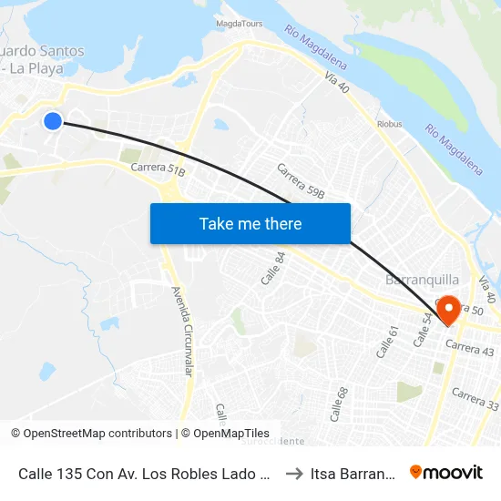 Calle 135 Con Av. Los Robles Lado Occidental to Itsa Barranquilla map