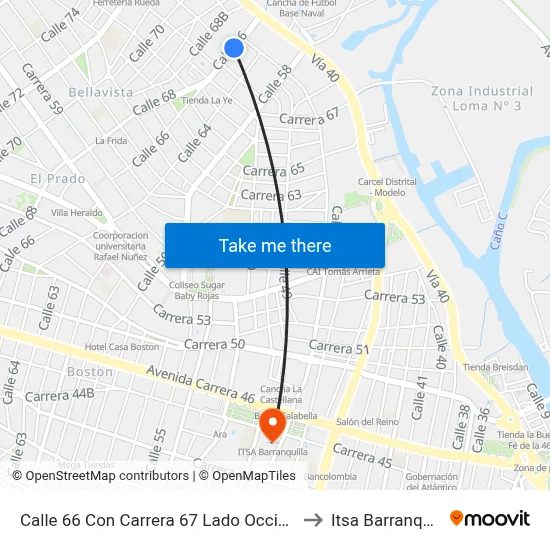Calle 66 Con Carrera 67 Lado Occidental to Itsa Barranquilla map