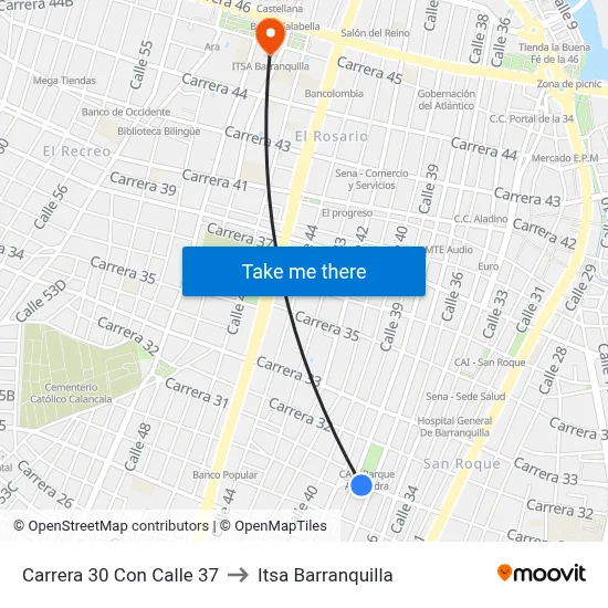 Carrera 30 Con Calle 37 to Itsa Barranquilla map