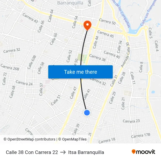 Calle 38 Con Carrera 22 to Itsa Barranquilla map