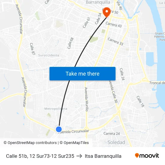 Calle 51b, 12 Sur73-12 Sur235 to Itsa Barranquilla map