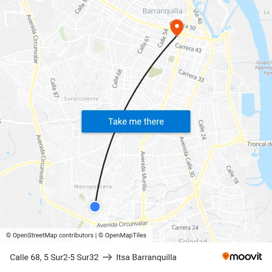 Calle 68, 5 Sur2-5 Sur32 to Itsa Barranquilla map