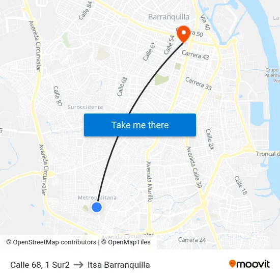 Calle 68, 1 Sur2 to Itsa Barranquilla map