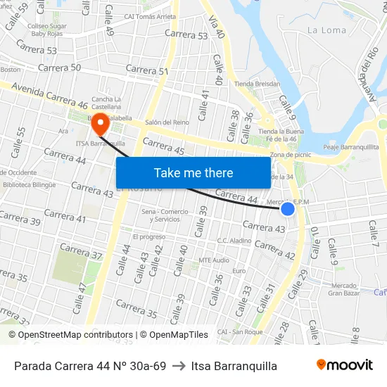 Parada Carrera 44 Nº 30a-69 to Itsa Barranquilla map