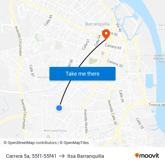 Carrera 5a, 55f1-55f41 to Itsa Barranquilla map