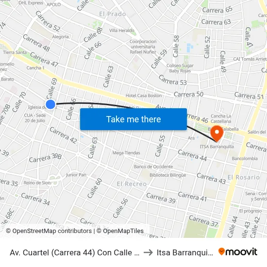 Av. Cuartel (Carrera 44) Con Calle 68 to Itsa Barranquilla map
