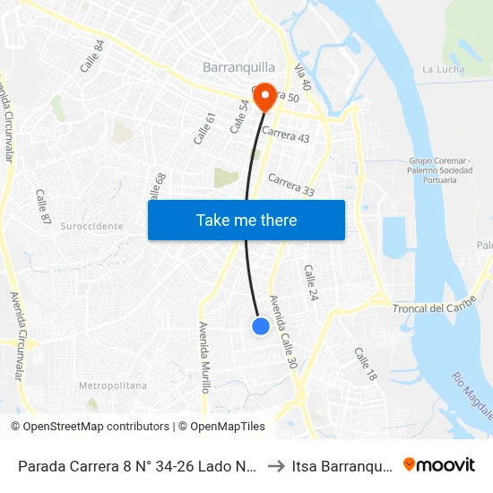 Parada Carrera 8 N° 34-26 Lado Norte to Itsa Barranquilla map