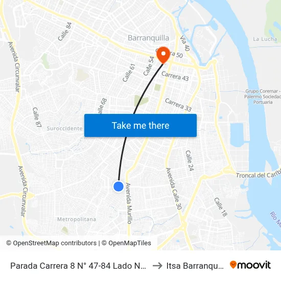 Parada Carrera 8 N° 47-84 Lado Norte to Itsa Barranquilla map