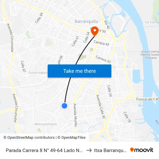Parada Carrera 8 N° 49-64 Lado Norte to Itsa Barranquilla map