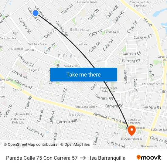 Parada Calle 75 Con Carrera 57 to Itsa Barranquilla map