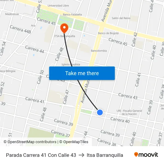 Parada Carrera 41 Con Calle 43 to Itsa Barranquilla map