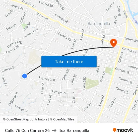 Calle 76 Con Carrera 26 to Itsa Barranquilla map