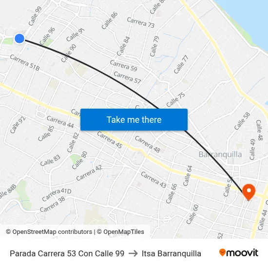 Parada Carrera 53 Con Calle 99 to Itsa Barranquilla map