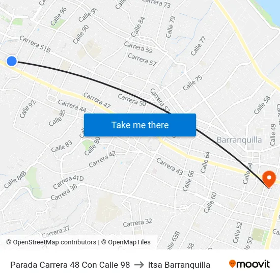 Parada Carrera 48 Con Calle 98 to Itsa Barranquilla map
