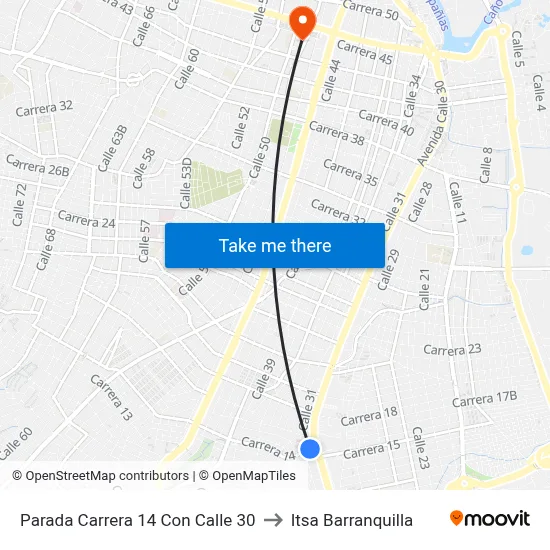 Parada Carrera 14 Con Calle 30 to Itsa Barranquilla map