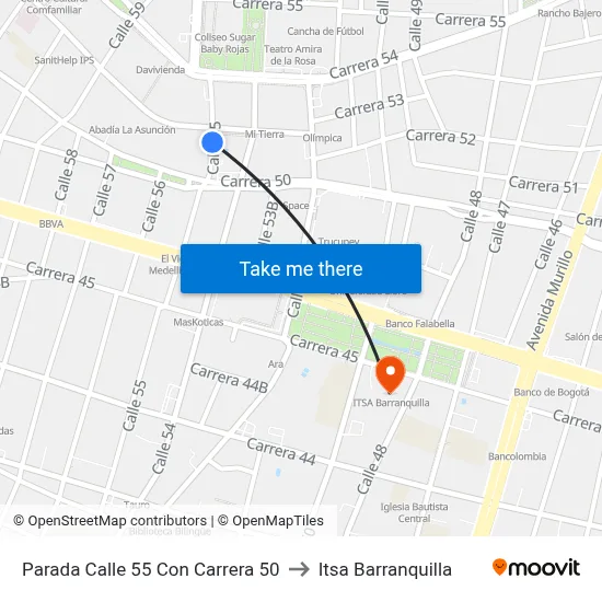 Parada Calle 55 Con Carrera 50 to Itsa Barranquilla map