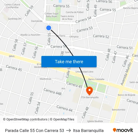 Parada Calle 55 Con Carrera 53 to Itsa Barranquilla map