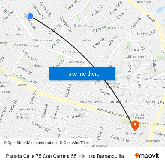 Parada Calle 75 Con Carrera 55 to Itsa Barranquilla map