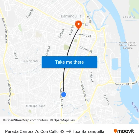 Parada Carrera 7c Con Calle 42 to Itsa Barranquilla map