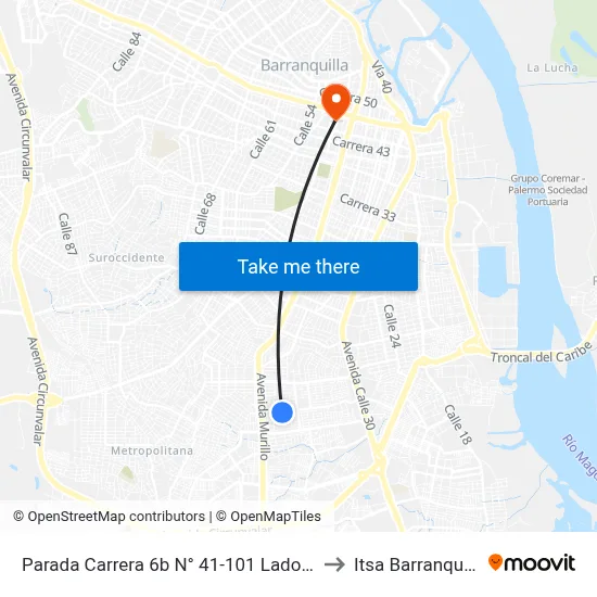 Parada Carrera 6b N° 41-101 Lado Sur to Itsa Barranquilla map