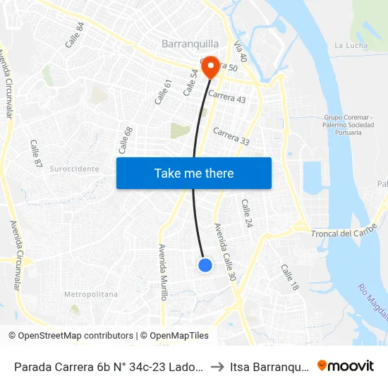 Parada Carrera 6b N° 34c-23 Lado Sur to Itsa Barranquilla map