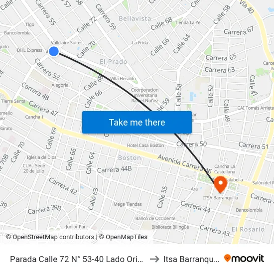 Parada Calle 72 N° 53-40 Lado Oriental to Itsa Barranquilla map