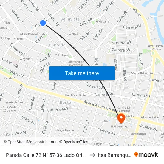 Parada Calle 72 N° 57-36 Lado Oriental to Itsa Barranquilla map