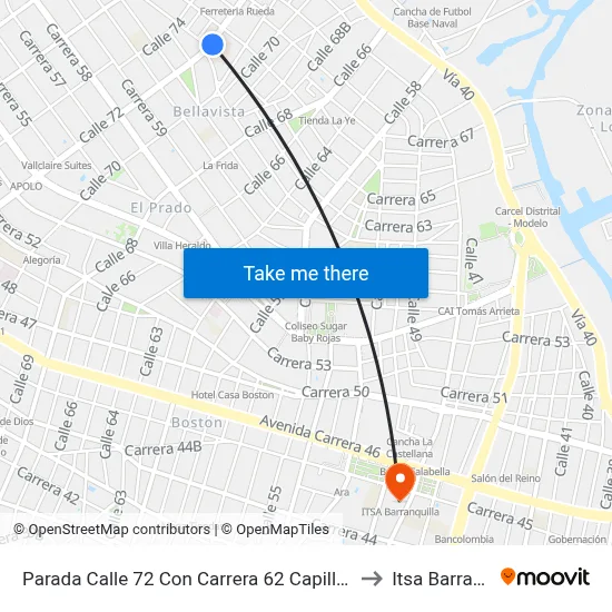 Parada Calle 72 Con Carrera 62 Capilla El Buen Pastor to Itsa Barranquilla map